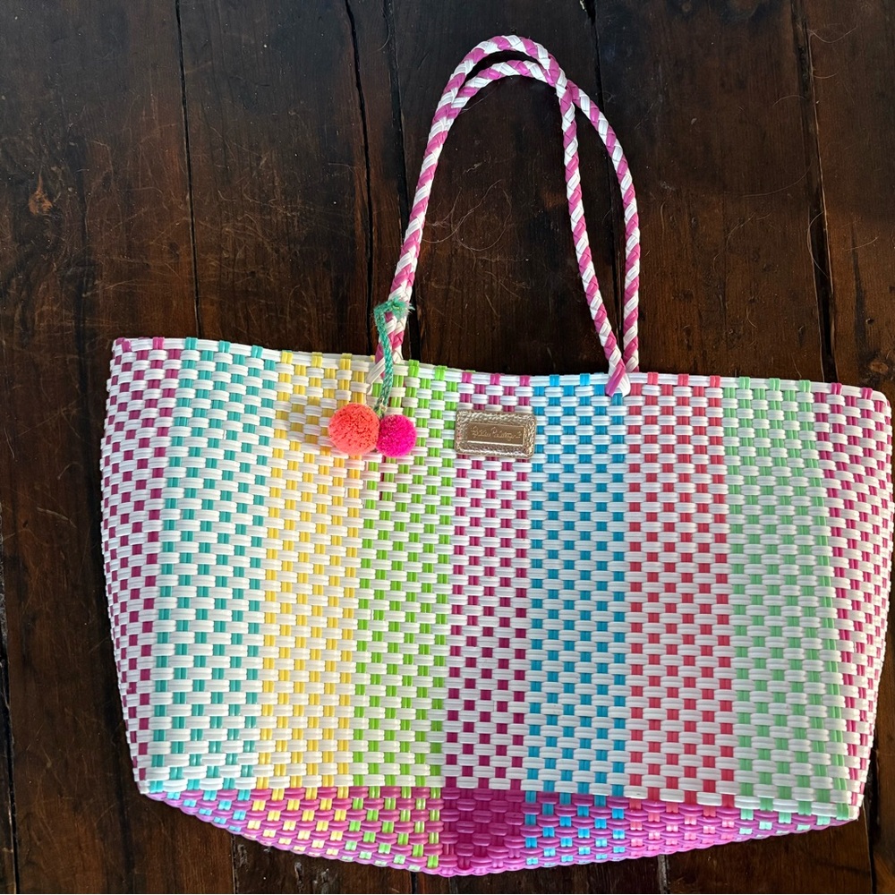 Colorful Lilly Pulitzer Woven Rainbow Tote Bag with Pom Accent